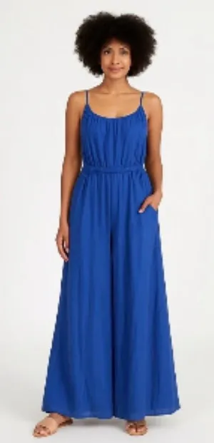 Haute Hippie Style NWT dazzling blue linen blend strappy wide leg jumpsuit large thumbnail 1