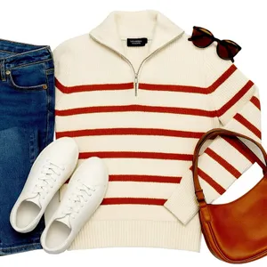 Monoprix Femme Ivory Rust Stripe Ribbed Half Zip Sweater XS French Knit Top Chic thumbnail 12