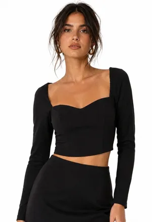 Abercrombie & Fitch Sweetheart Corset Solid Crop Top Black Long Sleeve Size S thumbnail 1