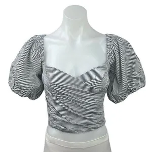 NEW J.Crew White Striped Sweetheart Neck Short Balloon Sleeve Smocked Crop Top M thumbnail 1