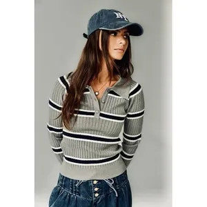 BOHME Striped Polo Henley Sweater Gray Navy Blue White Buttons Pullover Large thumbnail 4