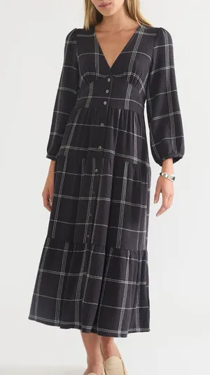 Marine Layer Maeve Plaid Long Sleeve Tiered Maxi Dress Size Large thumbnail 1