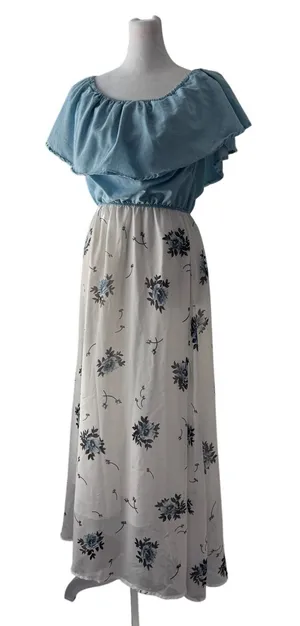 Blue & White Floral Print Ruffle Top Maxi Dress thumbnail 1