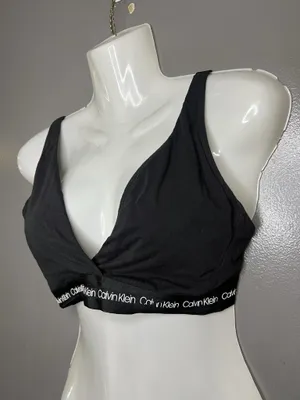 Calvin Klein Bralette Bra Womens Large Black Cotton Wireless Logo V Neck Stretch thumbnail 2