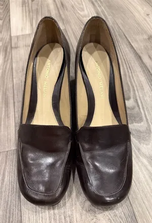 ANTONIO MELANI Dark Brown old money chunky heel Leather Square-Toe Loafers 6.5 thumbnail 1