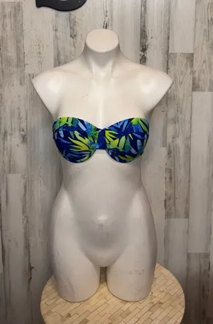 Bandeau Bikini Top Womens Small Tropical Leaf Print Blue Green Strapless Swim To thumbnail 1