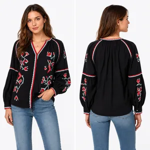 RD + Koko Embroidered Peasant Blouse Black Cotton Boho Folk Art Top Festival thumbnail 2