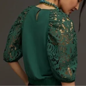 Like New Anthropologie Dolan Lace Puff Sleeve Sweatshirt Top Green Size Small thumbnail 2
