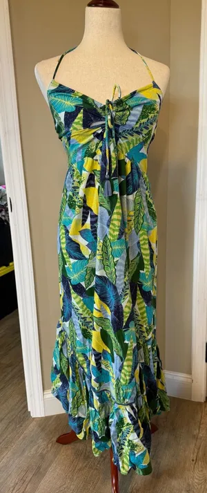 Aerie‎ Tropical Leaf Print Halter Maxi Dress Green Blue Yellow M thumbnail 1