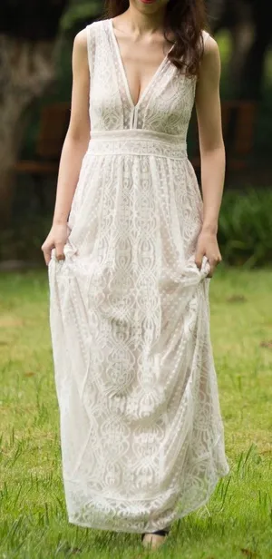 Deep V neck Sleeveless Lace Maxi Dress - Prom Wedding Guest Vacation Beach thumbnail 1