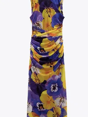 Zara Vibrant Floral Print Mesh Maxi Dress Criss Cross Open Back S thumbnail 11