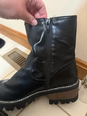 Universal Threads | Black Leather Mid-Calf Combat Boots with Buckle Strap thumbnail 8