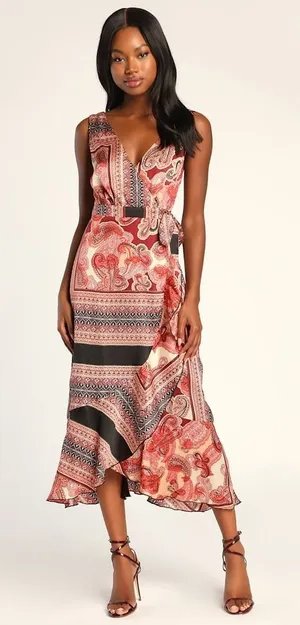 Lulus Women Wrap Dress XS Instantly Impressing‎ Red Multi Scarf Print Midi Party thumbnail 1