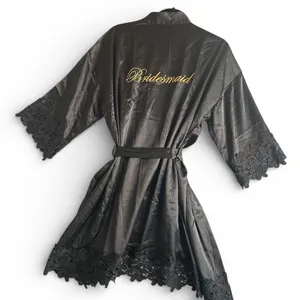 Black Bridesmaid Satin Lace Kimono Robe‎ With Tie Sash Large thumbnail 3