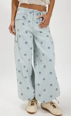 Free People We The Free Lotus Embroidered Railroad Balloon Jeans in Indigo 25 thumbnail 1