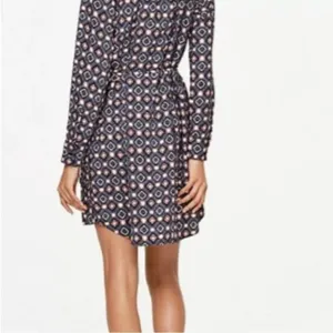 Ann Taylor LOFT Geometric Floral Shirt Dress Pink Gray Long Sleeve Women’s XS/S thumbnail 2