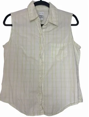 Bugle Boy Women's Size Med Light Yellow White Plaid Sleeveless Button Down VTG thumbnail 1
