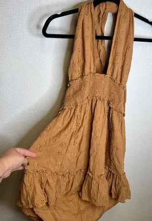 Aerie Women Tan Eyelet Halter Mini Dress Smocked Waist Boho Ruffle M thumbnail 1