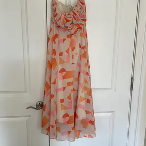 AMUR Strapless Midi Dress in Pink, Orange, White Geometric Print thumbnail 5