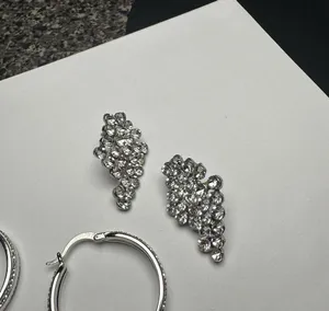 Sparkly Clear Rhinestone Pierced Earrings Lot Of 3 Dangle Hoop Stud Silver Tone thumbnail 2