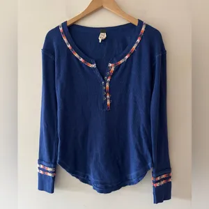 We The Free Royal Blue Rainbow Thermal Henley Long‎ Sleeve Top thumbnail 2