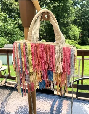 Beaded Multicolor Cream Fringe Bag Viral Beaded Statement Bag Marshall's NWT thumbnail 1