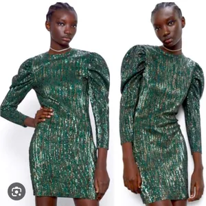 ZARA Sequin Puff Long Sleeve Special Limited Edition Emerald Green &‎ Gold Dress thumbnail 2