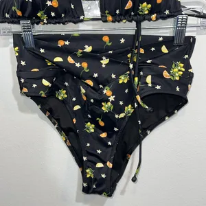 PINK bikini swimsuit size small orange lemon print high waist string top thumbnail 3