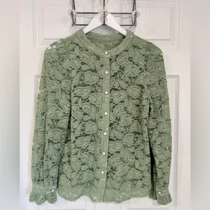 Feminine Lace Cottage Prarie Sheer Embroidered Ruffle Sleeve Medium Blouse Top thumbnail 9