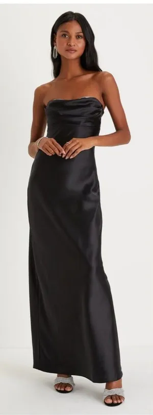 Lulus Exquisite Shine Black Satin Rhinestone Strapless Maxi Dress Size Small NWT thumbnail 1