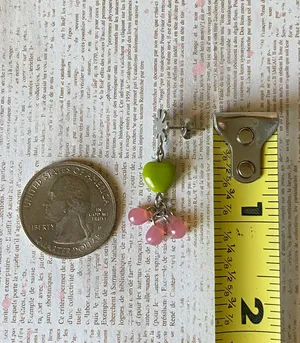 czech glass opaque olive green color heart & pink teardrop beads earrings💚 thumbnail 10