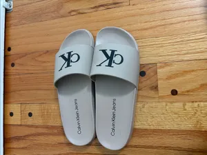 Calvin Klein Taupe Slide Sandals with Black CK Logo thumbnail 3