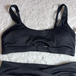 Cupshe Black Ribbed High Waisted‎ Bikini Set Keyhole Top Crossover Bottom Medium thumbnail 4