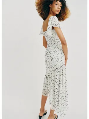 ZARA Square-Neck White Polka Dot Midi Dress thumbnail 7