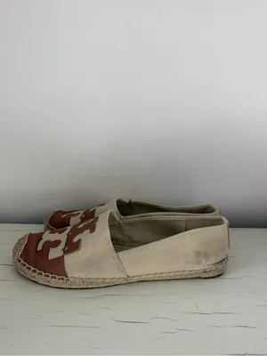 Tory Burch Double T Logo Canvas Espadrille Flats Brown Cream Size 9 thumbnail 4