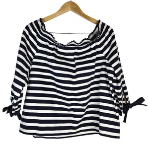 J. Crew Womens XL Navy White Striped Off-Shoulder Tie-Sleeve Top G2549 thumbnail 3