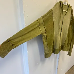 J.HER Olive Green Mixed Media Thermal Waffle Knit Hoodie Oversized Distressed Lg thumbnail 4