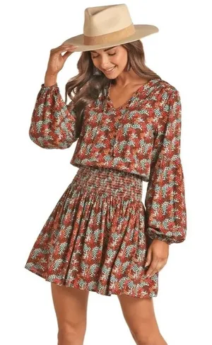 Rock & Roll Cowgirl Sz L Ditsy Floral Print Flowy Mini Dress Rust Copper Smocked Waist thumbnail 1