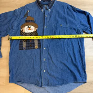 Luna Pier Button Up Denim XL Blue Scarecrow Patchwork Blue Shirt Novelty Fall thumbnail 13