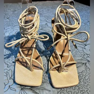 SIMMI LONDON Snake Embossed Cream Square Strappy Lace Up Stiletto Heels Sz 8 thumbnail 10