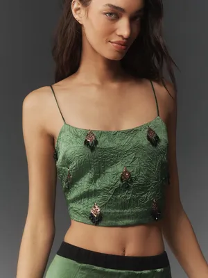 NWOT Hope for Flowers by Tracy Reese Beaded Cami Green Top 100% Naia Acetate thumbnail 1