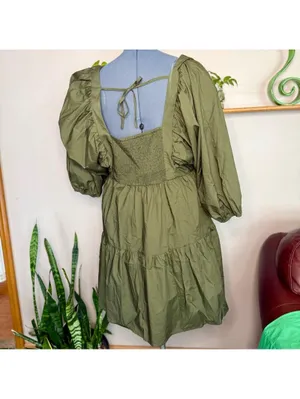 a new day Tie Back Olive Green Dress with Puff Sleeves Women’s Size XXL NWT thumbnail 5