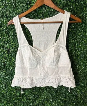 Free People Sugar And Spice Corset Top Sz Large White Linen Cotton Cropped thumbnail 1