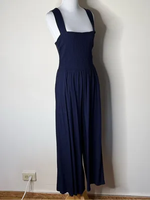 LOFT Navy Smocked Wide Leg Jumpsuit thumbnail 4
