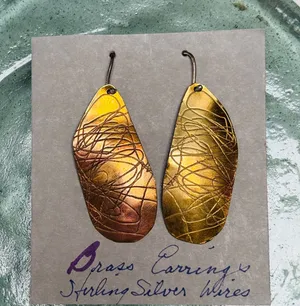 Handmade 1970s Artisan Earrings Abstract Design Brass and Sterling Silver Drop Wires thumbnail 1