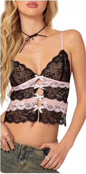 Edikted Womens Whimsigoth Coquette Cara‎ Sheer Lace Open Back Top Size XS thumbnail 1