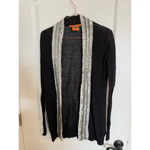 Tory Burch Cardigan Women‎ S Black Sequin Trim Linen Cotton Open Front 20103133 thumbnail 3