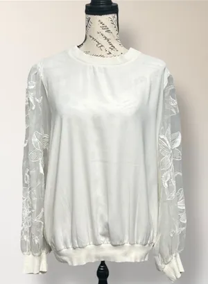 Express‎ XL Ivory Floral Sheer Embroidered Sleeve Boho Cottagecore Blouse thumbnail 1