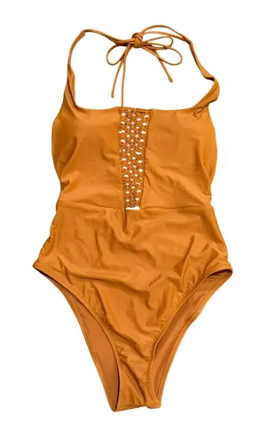 Aerie orange rust macrame halter one-piece swimsuiT size M EUC thumbnail 1