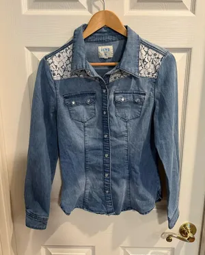 Love Culture Blue Denim Button-Down Pearl Snap Faded Fitted Shirt with Lace Yoke thumbnail 1